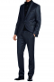 A classically elegant wrinkle-resistant wool suit made up of a single breasted one button suit jacket with hand molded shoulders and matching pleat pants in a dark metallic blue.