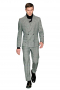 Grey plaid mens suit made to mesaure in a shorter moden length double breasted two button closure four in all, peak lapels worn with flat front tapered leg pants