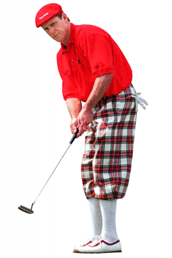 Handmade baggy fit men's golf pants with a high waisted design and reverse double pleats, front slash pockets, and elastic cuffs.