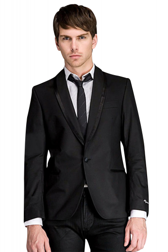 A slim cut single breasted treasure. This one button tuxedo jacket has shawl collar lapels adorned with satin trimmings, a medium gorge double piped lower pockets and an upper welt pocket. Track stitched darts, hand molded shoulders, embroidered sleeve cuffs, and a curved bottom makes this tux jacket a gentleman must have.