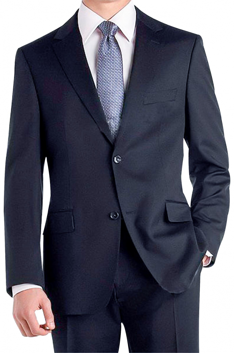 A midnight blue blend of wool and cashmere make up a single breasted two button suit jacket with track stitched darts and a pair of comfortable reverse double pleat suit pants.