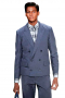 Ultra modern mens double breasted suit made in two button closure six in all - upper hip length, slimmed shoulders and slimmed silhouette - worn with flat front pants