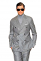 A modern take on the silver grey mens suit - custom made in a double breasted peak lapel style with two over six button closure and side vents - matched with flat front slant pocket pants