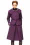 These stylish custom-made purple skirt suits display short length jackets and calf length skirts. The custom jackets with round necks sport shirt collar lapels and three fabric covered front buttons to close. The A line suit skirts flaunt box pleats, one vertical front pocket, concealed back zipper and a twisted center vent on the front. Order in wrinkle free wool and or cashmere for maximum comfort.