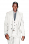 Casually full cut mens linen suit in white - coat, pants and vest  - customized with two buttons and no vents - worn with a low rise labelled three button vest and very full cut flat front pants