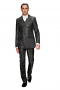 This custom made black mens suit in an Italian sleek look is a four button over ten double breasted with angled flap pockets and no vents - worn with flat front pants - slim silhouette - fully customizable