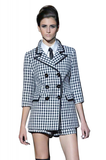 Ultra slim figure flattering jackets with sexy stripes. Handmade double breasted party wears with six front buttons, three to close. High collar lapels and lower flapped pockets flash impressive piping work along the edges. Squared on the front, these formal jackets can be worn with ultra slim suit skirts and slim pants for black tie events.
