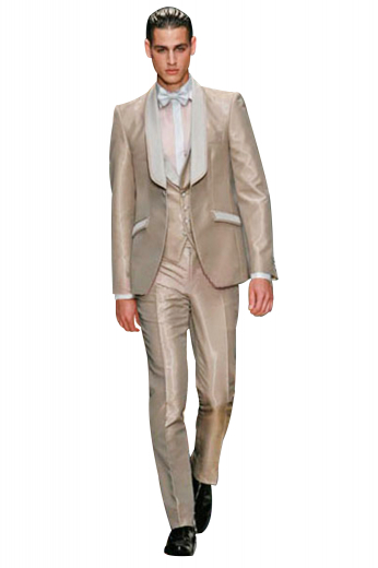 A classic tuxedo men's suit made up of a slim cut single breasted one button suit jacket with a tapered waist and embroidered sleeves, paired with elegant reverse pleat suit pants.