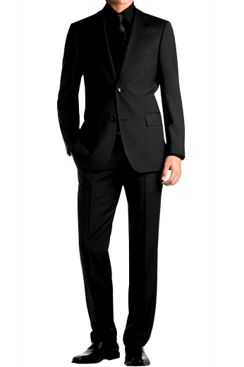 An elegantly slim cut men's suit made up of a bespoke single breasted two button suit jacket with pressed high notch lapels and a pair of flat front suit pants.