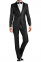 A classic tailor-made men's slim fit flat front suit pants with slash pockets and satin piping on the side seams, paired with a single breasted two button suit jacket.