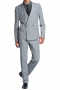 This light grey double breasted mens custom made wool suit has slim notch lapels and one over two buttons closure. It has been hand made by our expert tailors and goes with sleek low waist flat front tapered mens light grey wool pants