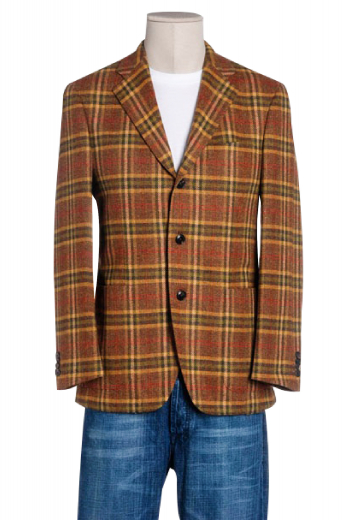 A tailor-made classic single breasted three button plaid jacket adorned with wide notch lapels featuring a boutonniere, an upper welt pocket and two lower patch pockets.