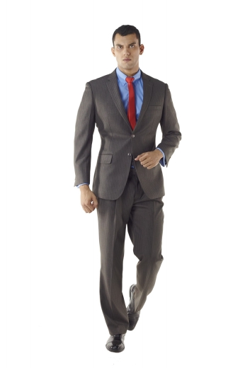 Custom Made Brown Pinstripe Men Suit - This Athletic fit custom made suit features a slim cut, versatile two button fit, flap pockets, notch lapel, and a lightly padded shoulder for a sharp, well-defined appeal with single small reverse pleat for executive style.
