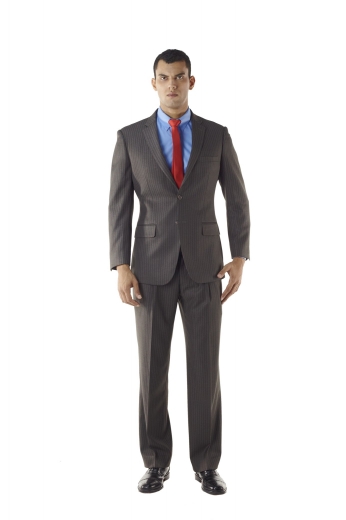 Custom Made Brown Pinstripe Men Suit - This Athletic fit custom made suit features a slim cut, versatile two button fit, flap pockets, notch lapel, and a lightly padded shoulder for a sharp, well-defined appeal with single small reverse pleat for executive style.
