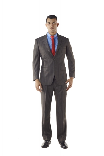 Custom Made Brown Pinstripe Men Suit - This Athletic fit custom made suit features a slim cut, versatile two button fit, flap pockets, notch lapel, and a lightly padded shoulder for a sharp, well-defined appeal with single small reverse pleat for executive style.
