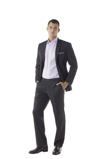 Two Button Men Tailored Black Suit - With its lightly padded shoulder and fitted jacket, this custom two piece custom suit embodies the best of updated tailoring. The two button looker features flap pockets, notch lapel, sous bras accompanied with flat front trousers.
