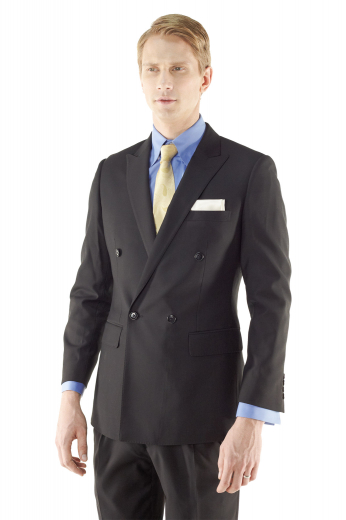 Double breasted two over six black mens suit custom made in superfine worsted wool - side vents and double pleated pants