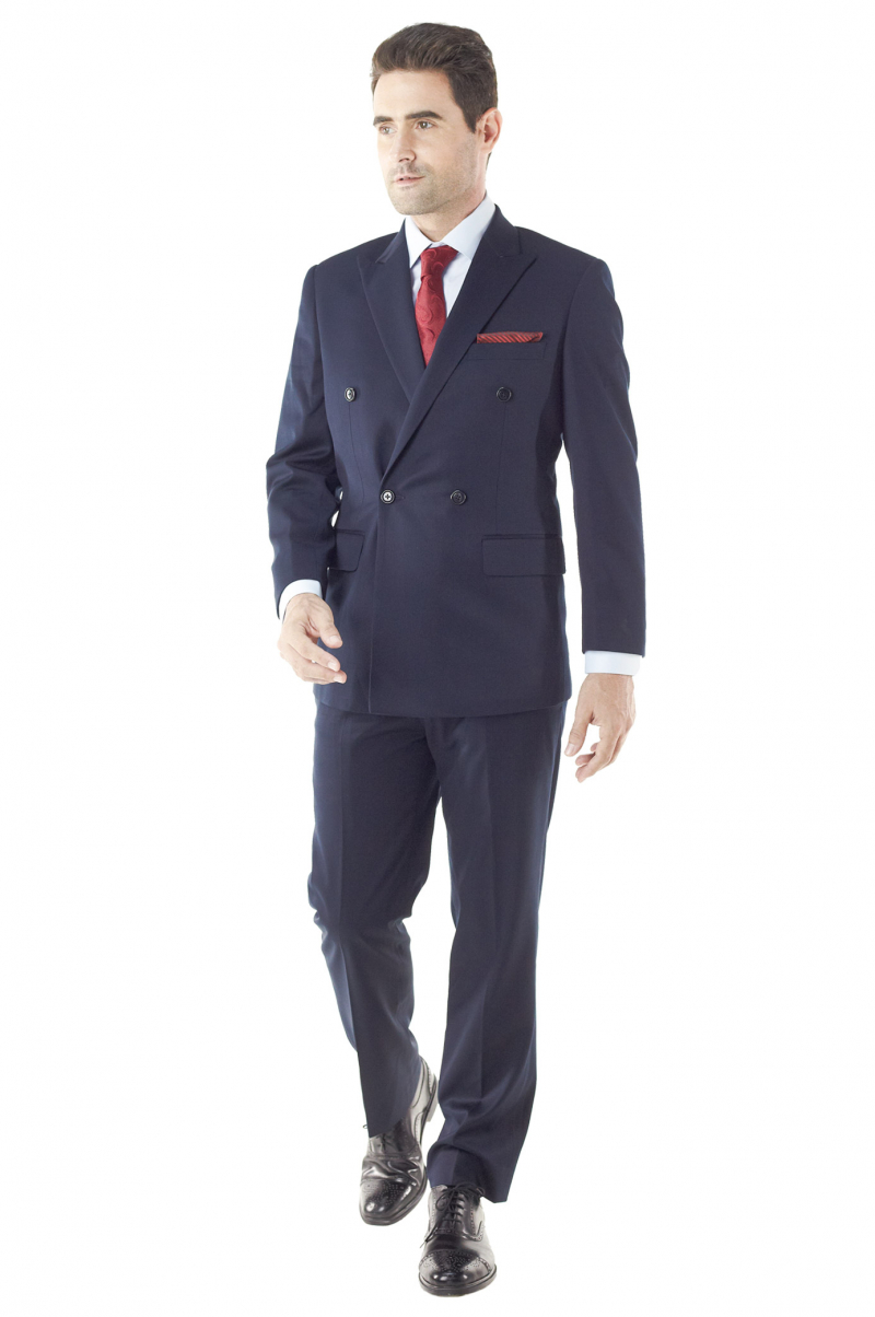 Elegant and sauve is this made to measure mens navy suit - double breasted two over six - worn with custom made navy wool pants