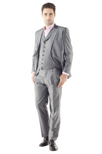 Inspired by traditional british style, this three piece suit is a perfect option for just about any occasion. This versatile two button fit features flap pockets, slightly wider notch lapel, regular jacket length with forward pleated pants and turn-ups accompanied with shawl collar six button waistcoat.