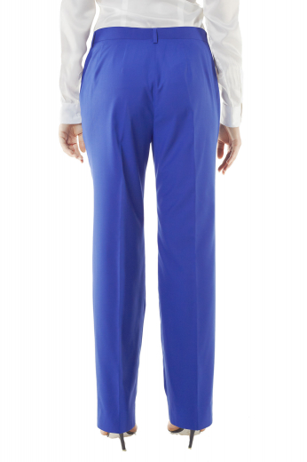 Regal royal blue custom pants with exquisite hand sewn cuffs and hems and two horizontal front pockets. Dapper bespoke pants for casual work look. Buttoned waistband and zipper fly for comfortable front closure.