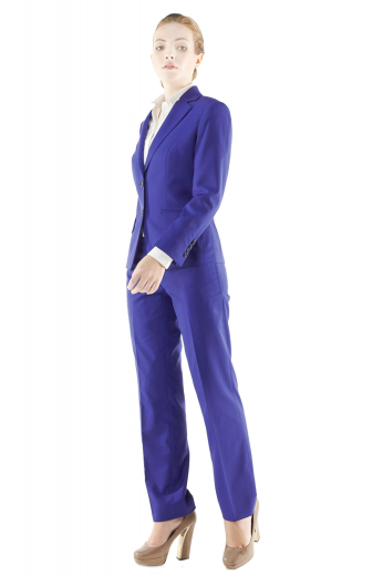 Sexy bespoke pant suits with hip length slim jackets and flare legs custom pants. Formal party wear jackets lay out flapped lower pockets, buttoned sleeves cuffs, notch lapels and two front buttons to close. Flare legs bootcut pants with front zipper fly and buttoned waistband are ideal casual office wears. These royal blue pant suits can be ordered in wool and or cashmere.