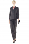 Black pant suits with slim jackets and bootcut pants for work. Desirable silhouette jackets with four buttoned cuffs, three front buttons, slanted flapped lower pockets, high notch lapels collars and fascinating hand molded shoulders. Flare legs pants with stellar reverse double pleats and front slash pockets. Closure is supported by a front zipper fly and two point hook with buttons on the waistband. These handmade pant suits can be customized with stretchable fabrics for better comfort.