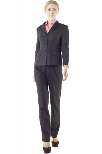 Style no.14943 - Black pant suits with slim jackets and bootcut pants for work. Desirable silhouette jackets with four buttoned cuffs, three front buttons, slanted flapped lower pockets, high notch lapels collars and fascinating hand molded shoulders. Flare legs pants with stellar reverse double pleats and front slash pockets. Closure is supported by a front zipper fly and two point hook with buttons on the waistband. These handmade pant suits can be customized with stretchable fabrics for better comfort.