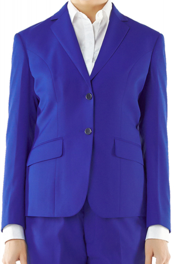 Classy royal blue pant suits putting to view dapper slim cut jackets with four contrast black buttons on the sleeves cuffs, two contrast front closure buttons, two lower flapped pockets and hand pressed notch lapels, and bewitching flare legs bootcut pants with belt loops, impressive double piped front pockets and buttoned hook on the waistband with zipper fly to close. They can be handmade with easy use wool and or cashmere.