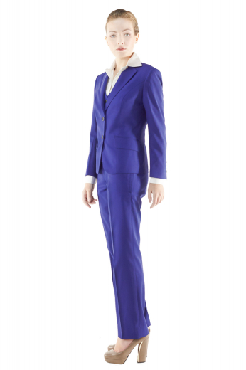 Style no.15168 - Stay fashionable in this stunning custom made royal blue pant suits featuring slim vests, figure flattering jackets and snug fit suit pants. Handmade V neck vests with rounded square bottoms display four front closure buttons. Tailor made flat front pants with vertical pockets put to view zipper fly and buttons on the waistband for closure. Bespoke slim jackets with two slanted flapped lower pockets and notch lapels have two front buttons to close.



