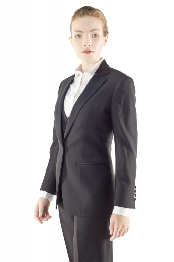 Style no.15173 - Exquisitely hot made to order black pant suits with figure defining V neck custom vests incorporating two welted lower pockets, four front closure buttons and angled V cut bottoms. Handmade sexy suit jackets with short length and two front buttons, also display satin facing notch lapels, four buttons on sleeves cuffs and double piped lower pockets. Custom tailored flare legs suit pants with flat fronts have extended buttoned waistband and zipper fly to close.