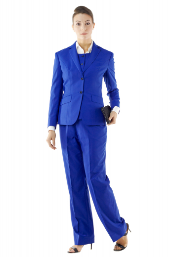 Step out gorgeously in this ravishing custom made royal blue pant suits incorporating slim cut vests with round neck and handmade six front closure buttons, flare legs custom pants flashing tailored slash pockets and zipper fly with buttons on the waistband for closure, and elegant jackets with two front buttons, slanted flapped lower pockets and made to measure hand molded shoulders.