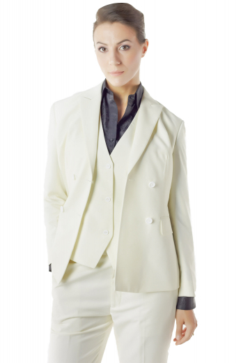 Check out these elegant custom made white pant suits flashing V neck vests, snug fit suit pants and hip length jackets. Handmade double breasted jackets display four front buttons, two to close, slim ruled peak lapels and made to measure flapped lower pockets. White custom pants feature front slash pockets, wide waistband with buttons and front zipper fly. Tailored vests boast angled V cut bottoms, welted lower pockets and three front buttons to close.