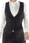 Stunning custom V neck waistcoats flashing adjustable back buckles for desired fitting. These tailor made low gorge black waistcoats incorporate two welted lower pockets and four buttons on the front. The bespoke vests create mesmerizing formal look with flare legs pants and slim cut collar shirts. Can be handmade with wrinkle proof fabrics.