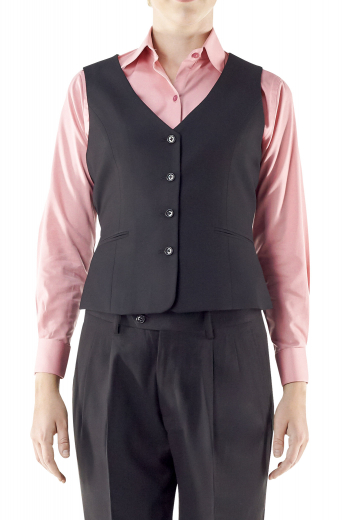 Style no.15238 - Behold a stunning handmade V-neck vest with adjustable back buckles for body contouring. This stylish made to order womens vest has two lower pockets with impressive piping work, standard gorge and tailor made four front buttons to close. It can be ordered in wrinkle free fabrics.