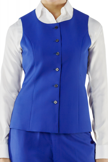 Check out this stylish custom tailored round neck vests with six front closure buttons. These handmade royal blue vests with made to measure single-breasted design, standard cloth back and high gorge look ravishing with matching suit pants and contrast custom shirts.