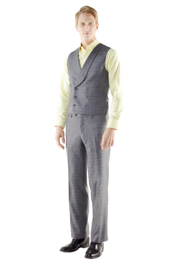 This handsome 6-button custom tailored waistcoat is perfect for adding some refined flair to any look. Cut with elegant slim fit, this double-breasted made to order vest features handmade welt pockets, bespoke standard cloth back, medium gorge and a shawl lapel.

