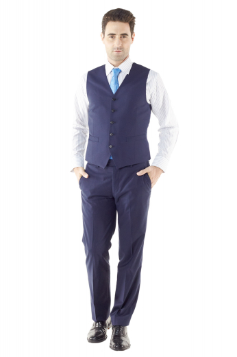 Style no.15285 - Perfectly suited for layering or simply for showing off over a crisp white shirt and tie, this blue 5-button made to order waistcoat is made from a soft wool blend, and features a single-breasted design, tailored high gorge, welted pockets and bespoke adjustable back strap.