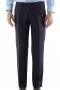 In a classic navy color are these luxury Italian wool and cashmere suit pants with a made to measure standard fit cut, a classic two-point button closure, sewn down pleats with a bespoke single reverse pleat design. A truly elegant pair of men's custom tailored formal pants that are great for the office.