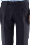 In a classic navy color are these luxury Italian wool and cashmere suit pants with a made to measure standard fit cut, a classic two-point button closure, sewn down pleats with a bespoke single reverse pleat design. A truly elegant pair of men's custom tailored formal pants that are great for the office.
