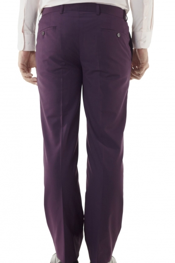 A bespoke pair of men's made to measure slim fit pants in a gorgeous eggplant coloration. This pair of hand tailored men's pants is are made from a  blend of luxury cashmere and Italian wool so soft you might never want to take them off. The pants with their flat front design are great for formal office wear.