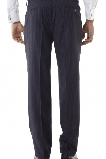 Black with lavender pinstripes, this pair of men's made to measure suit pants are made from a wool and cashmere blend that is soft to the touch and highly breathable. This custom made pair of men's pants feature great design qualities such as the classic hand sewn cuff, two back pockets, standard belt loops, handmade single standard reverse pleat and standard two-point button closure.