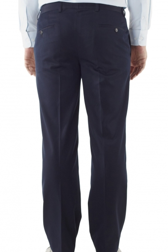 A pair of made to measure men's navy formal pants made from the finest blend of wool and cashmere. These pants with their slim fit cut and front slash pockets are elegantly designed as a workplace wardrobe stable with gorgeously had sewn cuffs.