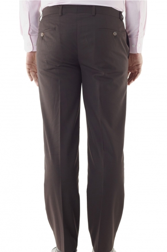 A classic bespoke men's standard fit pair of luxury pure cotton flat front suit pants with custom tailored front slash pockets, two back pockets, and handmade standard belt loops, all held up by a two-point button closure waistband in a chocolate color.