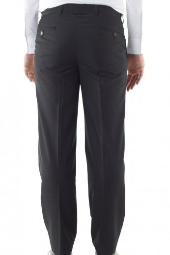 A pair of men's made to measure wool and silk pants with a handmade double pleated design in a striking black color. These tailor made single standard reverse pleat men's bespoke pants are great for formal office wear and can easily be paired with anything.

