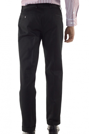 Made from a luxury blend of Italian wool and cashmere in a magnificently handsome black color are these classic men's hand tailored standard fit suit pants with a flattering single made to measure standard reverse pleat design and custom tailored standard waistband with side adjustable tabs.