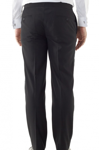 A luxury pair of men's hand tailored tuxedo suit pants with a classic standard fit, handmade classic standard waistband with side adjustable tabs, tailor made gorgeous on seam pockets, and a made to order flat front design completed by skillfully hand sewn cuffs.