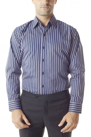 Behold a tailor-made slim cut men's dress shirt with an Ainsley collar and rounded barrel cuffs. This bespoke dress shirt comes with a plain striped back and custom made front finish for edgy class.

