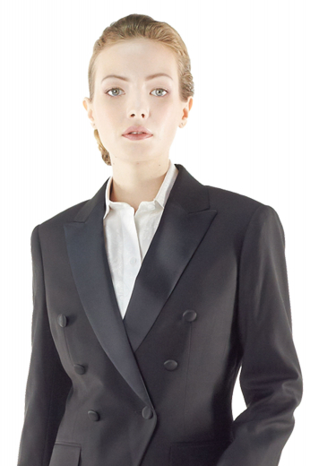 Style no.15560 - Classy black made to measure tuxedo jackets handmade with wool and/or cashmere. These tailor made double breasted tux jackets boast six fabric covered front buttons, one to close. They flash satin facing peak lapels, V cut bottoms, custom made flapped lower pockets and hand molded shoulders.