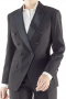 Classy black made to measure tuxedo jackets handmade with wool and/or cashmere. These tailor made double breasted tux jackets boast six fabric covered front buttons, one to close. They flash satin facing peak lapels, V cut bottoms, custom made flapped lower pockets and hand molded shoulders.