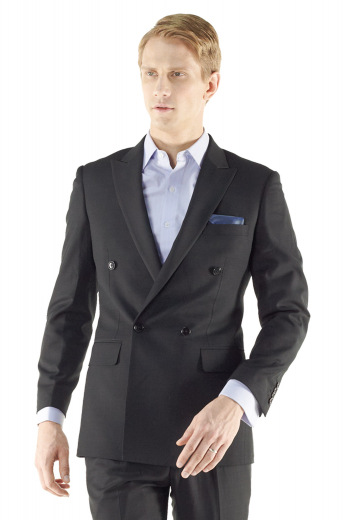 A bespoke men's suit jacket exquisitely made by skilled tailors. This double breasted four-button custom made dress jacket with one closure button and tailored rolled peak lapels will stand out at any formal event.

